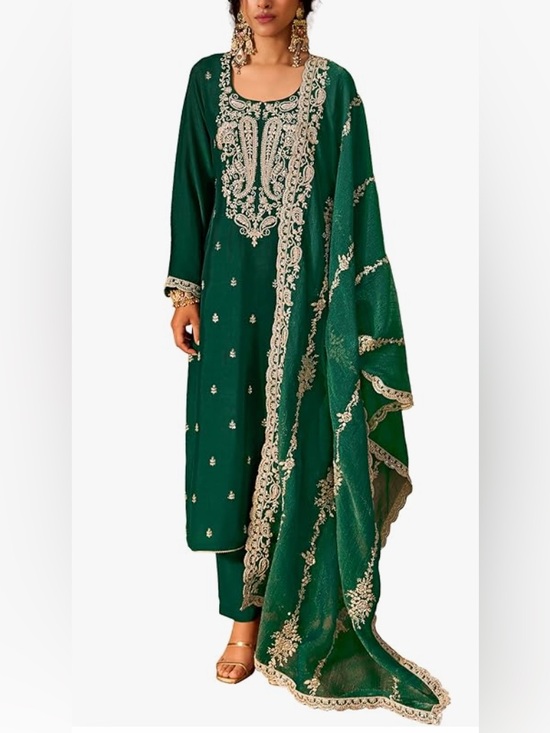 Trendmalls Other - Women’s Art Silk Embroidery Sequence Kurta Pant Set with Dupatta Salwar Suit Set